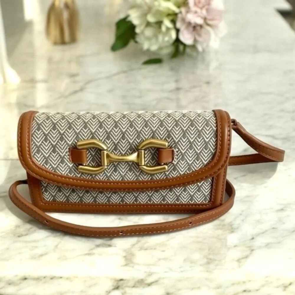 ZARA Tan Brown Small Crossbody Bag PU Leather Canvas Flap Satchel Purse